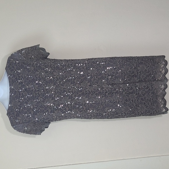 Tiana B Gray Lace Sequin Cocktail Dress XL Short Sleeve Midi Wedding Holiday - Picture 7 of 8